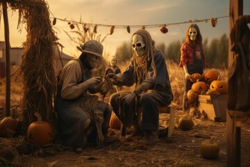 Family having a fun scarecrow-making session in a pumpkin patch