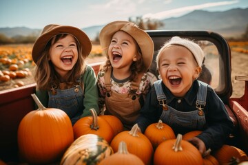 Children having a fun hayride through a pumpkin patch