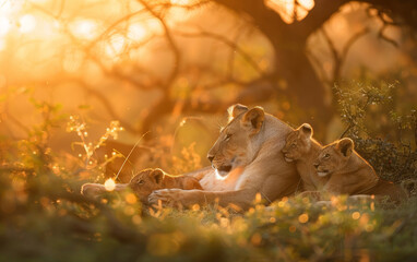 A lioness and her cubs bask in the warm glow of the golden hour, nestled together in the tall...