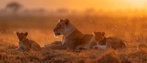 A heartwarming scene unfolds as a lioness cuddles with her young cubs in the soft light of sunrise,...