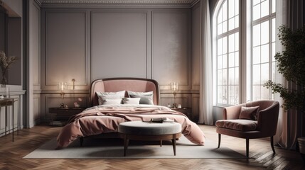 Luxurious bedroom with large pink velvet bed, sitting area with an armchair, large window