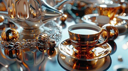 a cup of tea on a bar with digital interface, in the style of low-angle, industrial and product design