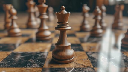 Embark on a journey of strategy and intellect with a realistic image of wooden chess pieces positioned on a checkered surface