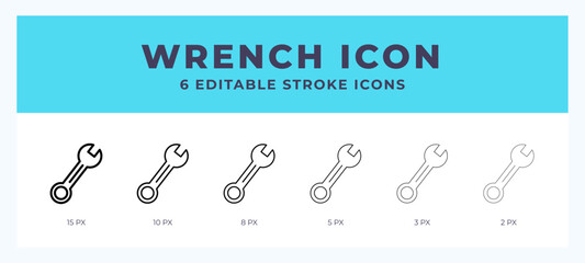 Wrench icon set with different stroke. Design elements for logo. Vector illustration.