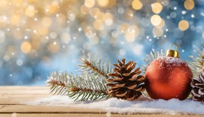 christmas banner of red ornament pine cones and branches on snowy wooden table with blue bokeh background