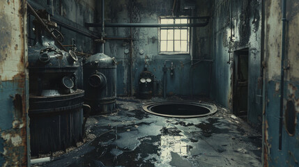 Rusted machinery and scattered debris in a dilapidated factory with peeling paint and broken windows.