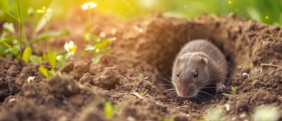 As the morning light filters through, a rat ventures near its burrow amidst the fertile soil, with new growth surrounding its home. - obrazy, fototapety, plakaty