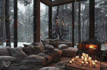 A cozy living room with floor-to-ceiling windows, a large gray sofa covered in soft blankets and pillows. Winter atmosphere