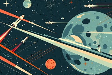 A colorful space scene with a man in a spacesuit riding a rocket. The man is surrounded by other rockets and planets. Scene is adventurous and exciting