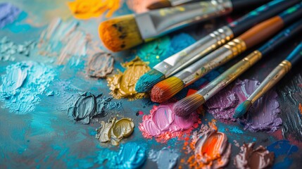 Obraz premium A vibrant and artistic shot of an oil paint set arranged with brushes and a canvas. The image highlights the rich colors and texture of the oil paints.