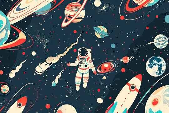 A colorful space scene with a man in a spacesuit holding a rocket. The image is a work of art that captures the imagination and the wonder of space exploration