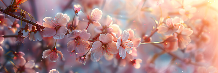 Spring banner Pink flowers cherry blossom background Spring cherry bloom nature background with flowers tree branches and blurred background. - obrazy, fototapety, plakaty