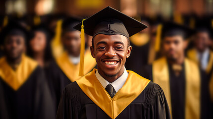 A young dark-skinned, black, African-American guy wearing a graduate hat against the background of...