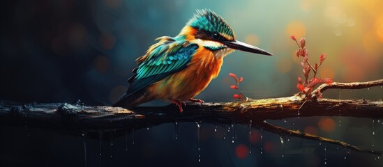 A colorful bird with vibrant feathers is perched on a tree branch, its beak and wing in clear view. This stunning macro photography captures the beauty of wildlife in a terrestrial setting - obrazy, fototapety, plakaty