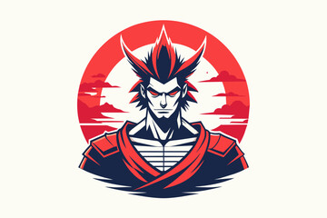A minimalist t-shirt design with a vintage touch, featuring a cool, muscular and stylish anime samurai silhouette in faded, red moon, awesome and bright colors., isolated white background