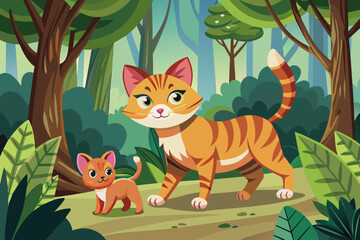 Obraz premium A cat and a small kitten are walking in the forest