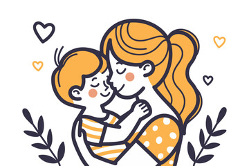 Vector illustration of mother lovingly hugging her child, surrounded by hearts. International mothers day.