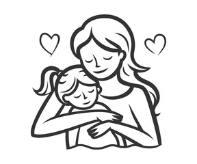 Simple vector line art drawing of a mother and her daughter hugging, expressing love and connection. Family love. International mothers, daughters day.