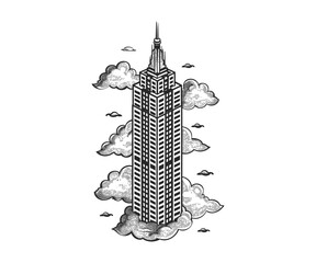 Black and white vector illustration of a vintage skyscraper surrounded by clouds, isometric doodle style.