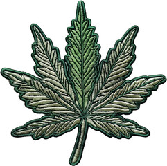 Embroidered cannabis leaf with detailed stitching cut out on transparent background