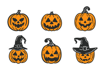 Set of Halloween pumpkin faces, perfect for holidays decoration. Happy Halloween holidays. Autumn season flat vector illustration.