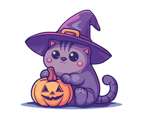 Cute Cat in Witch Hat with Pumpkin