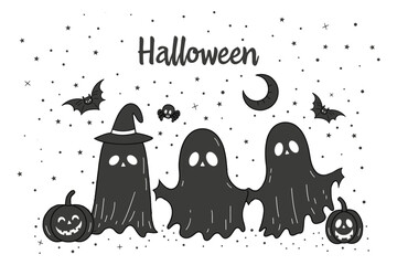 Friendly ghost characters with Halloween elements like witch hats, pumpkins, and bats, in a playful scene. Black silhouette vector illustration.