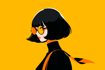 Fashionable young woman wearing glasses, illustrated in a contemporary style with a vibrant yellow background. Flat vector illustration.