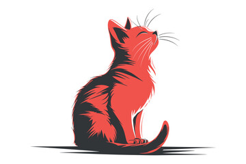 Artistic illustration of satisfied red cat looking upwards with closed eyes. Flat vector illustration.