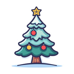 Colorful cartoon vector illustration of a decorated Christmas tree with ornaments and a star on top.