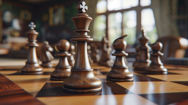 Experience the magic of chess with a lifelike image of wooden chess pieces poised for action on a board