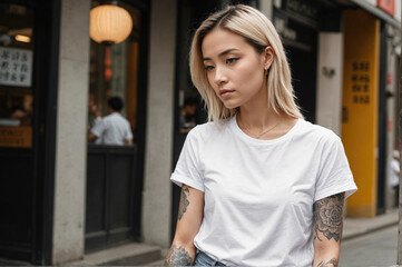 
White T-shirt – Mock-up template for design print. Shown on a model Asian girl with tattoo. 
