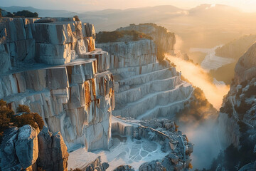 A mesmerising aerial view of a marble quarry at dawn, with layers of mist clinging to its rugged cliffs, creating an otherworldly ambience. 
