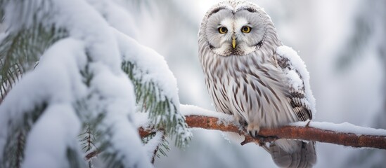 A majestic white owl, a bird of prey, is sitting on a snowcovered twig. Its sharp beak and feathered snout blend in with the winter landscape