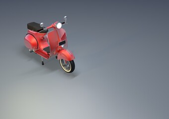 Composition of an old red scooter, on a gray background, 3D model.