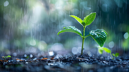 Small plant growing in the rain with nature bokeh background, representing carbon credit and reforestation concept
