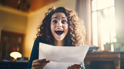 A happy young girl rejoices at a letter from an educational institution about admission.