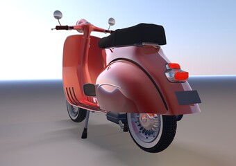Old red scooter seen from the back side, 3D rendering.