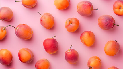 Flat lay composition with sweet juicy peaches on pink background ,Many ripe peaches on color background

 
