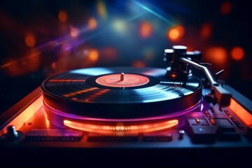 Vintage record player spinning a vinyl record with colorful lights creating a vibrant atmosphere. - obrazy, fototapety, plakaty