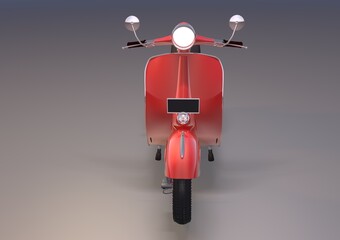 Old red scooter seen from the front side, 3D rendering.