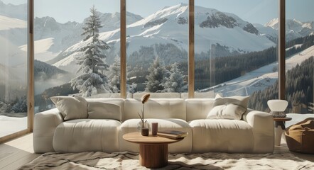 A cozy living room with large windows, showcasing the snowy mountains outside and a comfortable sofa in neutral tones
