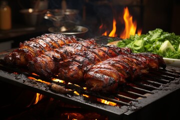 Grilled chicken meat on rotisserie used in traditional turkish street food Doner Kebab, Shawarma or...