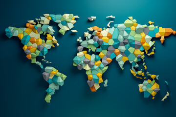 Geometric Mosaic World Map Featuring a Spectrum of Colorful Cubes on a Teal Background, Portraying Global Diversity and Connectivity