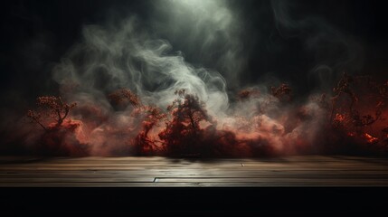 Wooden table in the forest with smoke and fire. Halloween background