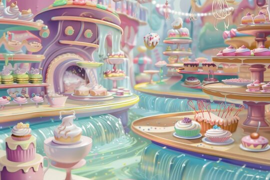 A colorful, whimsical scene of a bakery with a waterfall in the background. The bakery is filled with a variety of pastries and cakes, including cupcakes, donuts, and cakes. The atmosphere is cheerful