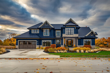 Majestic newly constructed suburban home under a cloudy sky, featuring a striking navy blue facade. The property includes a wide, elegant driveway and a  - obrazy, fototapety, plakaty
