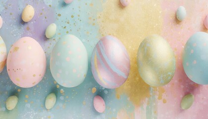 Fototapeta na wymiar cute pastel easter background with speckled egg pattern paint drips or spatter in light blue pink purple green and yellow spring colors