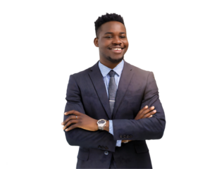 handsome call center operator in headset smiling and looking away isolated on white