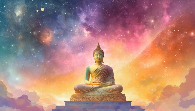 buddha statue with colorful universe space background